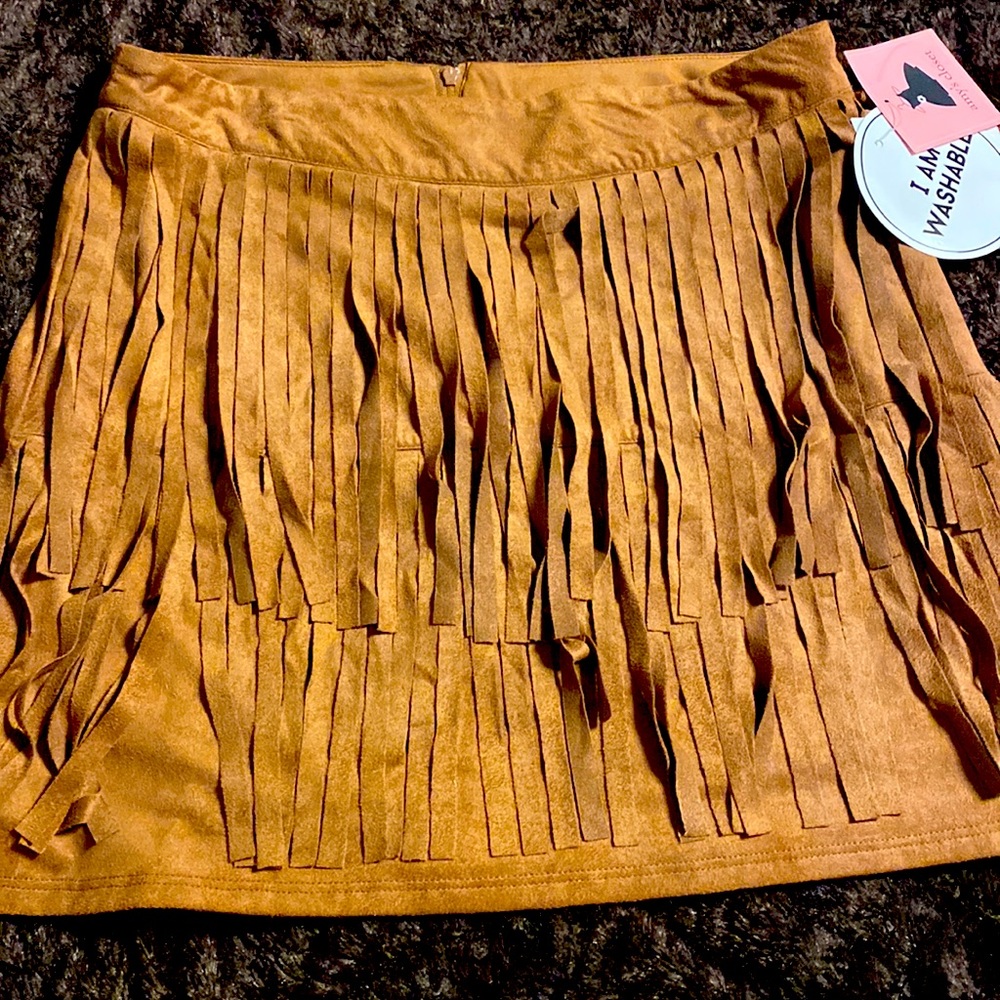 Amy’s Closet girls suede feel brown fringe skirt Sz 16 XL NEW NWT